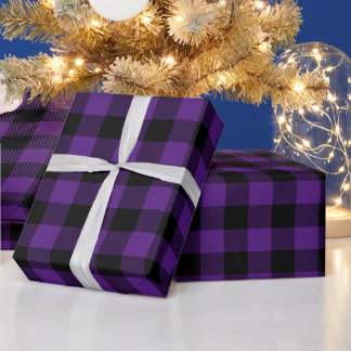 Papier Cadeau Noël à carreaux de buffle noir et violet royal