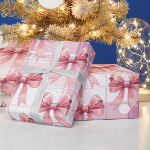 Papier Cadeau Noël à carreaux rose flocons de neige Nœud Coquett