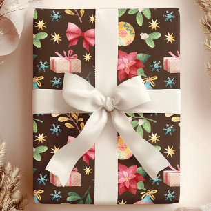 Papier Cadeau Noël à l'aquarelle Poinsettia et Gui