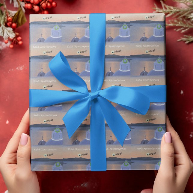 Papier Cadeau Noël À Santorin, Grèce Avec Père Noël (Créateur téléchargé)