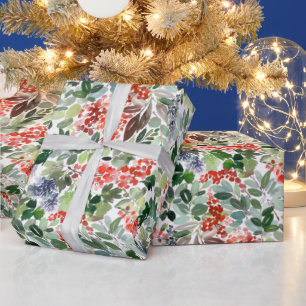 Papier Cadeau Noël Aquarelle Feuillage Holly Berry Holiday