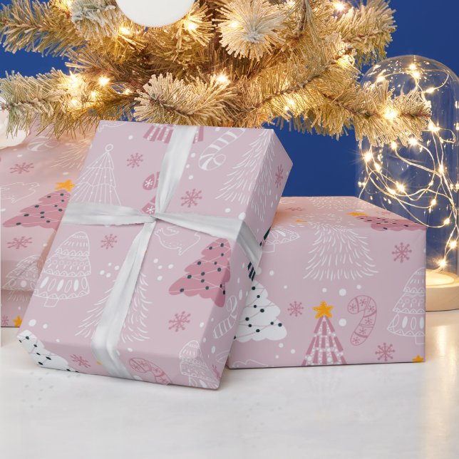 Papier Cadeau Noël Arbres Doves Snowflakes Pink Noël (Vacances)