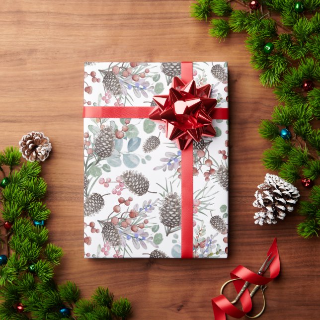 Papier Cadeau Noël au feuillage d'hiver à l'aquarelle moderne (Cadeau de vacances)