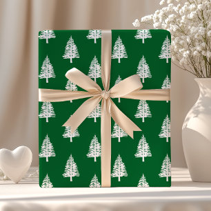 Papier Cadeau Noël aux arbres de pin verts et blancs