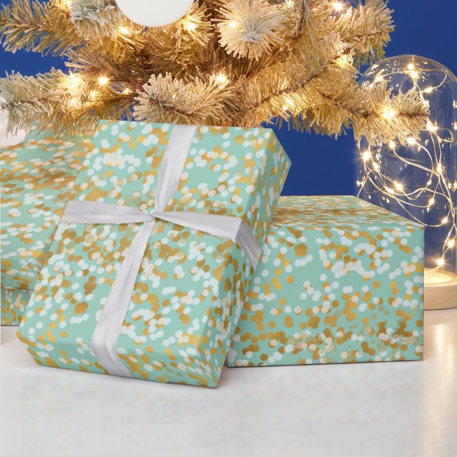 Papier Cadeau Noël aux confettis blanc or menthe (Vacances)