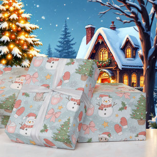 Papier Cadeau Noël avec Chats Snowmen Cookies & Lait