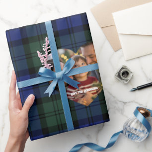 Papier Cadeau Noël avec photo personnalisée Tartan Vert et Marin