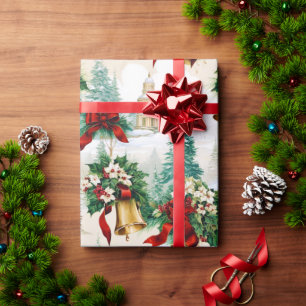 Papier Cadeau Noël Bells Ruban Poinsettia Fleur