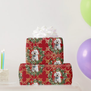 Papier Cadeau Noël Bichon Frise sur Red Snowflake Arrière - plan