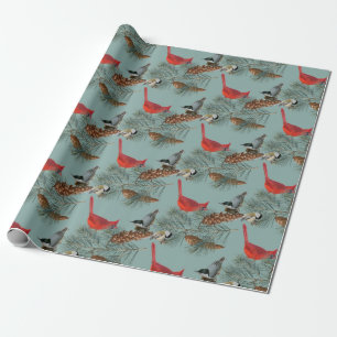 Papier Cadeau Noël Bird Cardinal Nuthatch Chickadee Turquoise