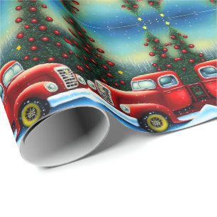 Papier Cadeau Noël blanc rétro camion rouge et arbres vintage
