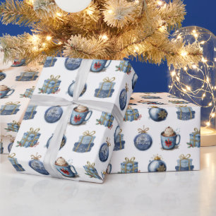 Papier Cadeau Noël bleu aquarelle