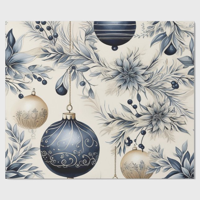 Papier Cadeau Noël Bleu et Or Élégant (Plat)