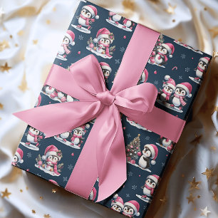 Papier Cadeau Noël bleu et rose de la Marine Motif de Pingouin