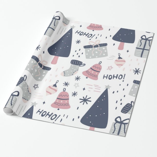 Papier Cadeau Noël bleu et rose et gris (Déroulé)