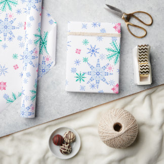Papier Cadeau Noël Bleu Fête de l'Hiver Flocon de Neige Coloré