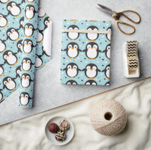 Papier Cadeau Noël bleu Pingouin mignon