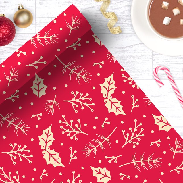 Papier Cadeau Noël botanique à feuillage floral rouge (Créateur téléchargé)