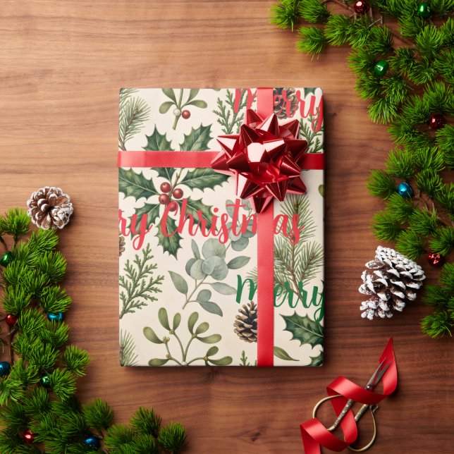 Papier Cadeau Noël botanique aquarelle (Cadeau de vacances)