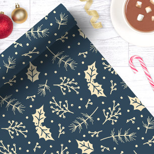 Papier Cadeau Noël botanique au feuillage floral bleu marine