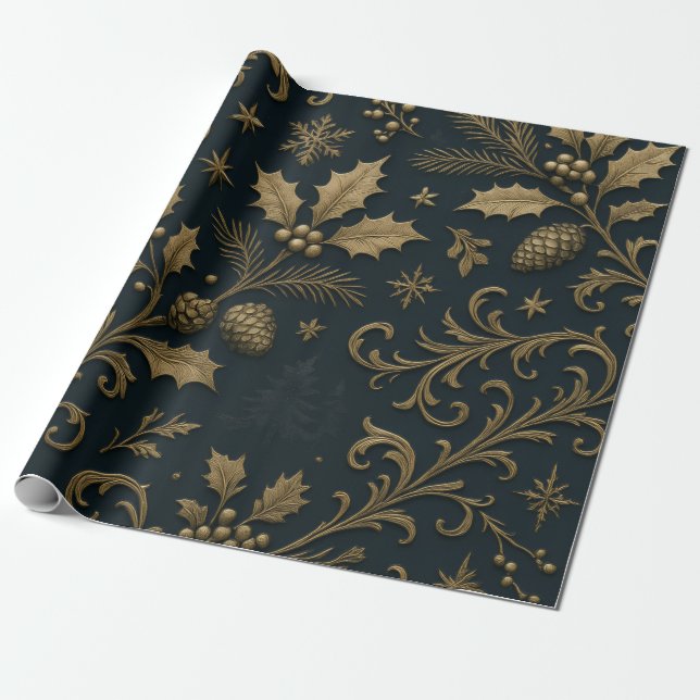 Papier Cadeau Noël botanique doré et marine de luxe (Déroulé)