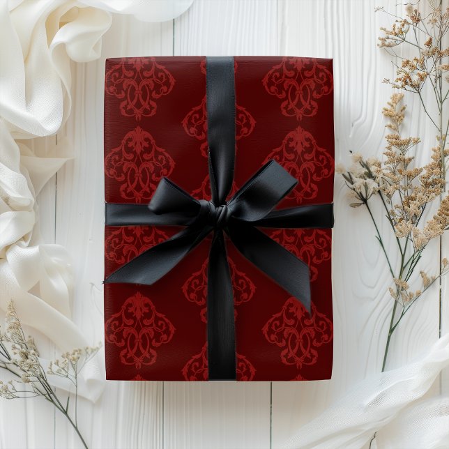 Papier Cadeau Noël Bourgogne Rouge Baroque Fleurit (Classic Burgundy Red Baroque Flourish Wrapping Paper)