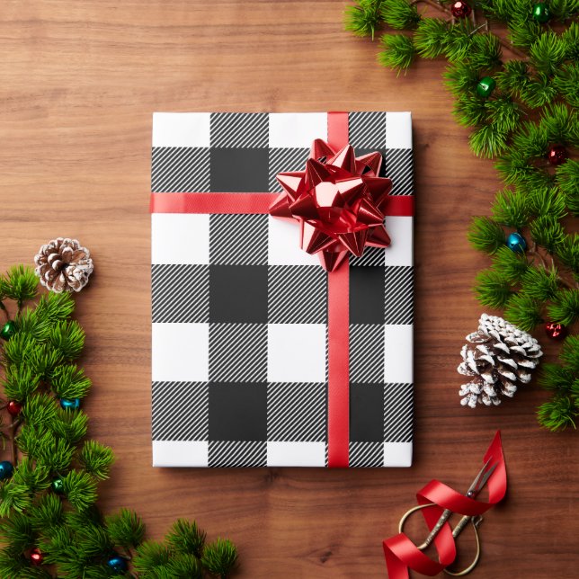 Papier Cadeau Noël carreaux de buffle noir blanc rustique (Cadeau de vacances)