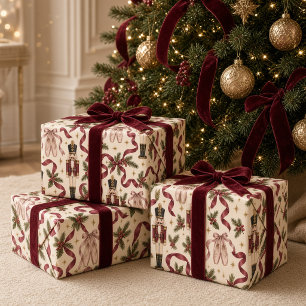 Papier Cadeau Noël Casse-Noisette Vintage Bow Burgundy Ballet