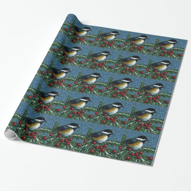 Papier Cadeau Noël : Chickadee, branche de pin, neige : Art (Déroulé)