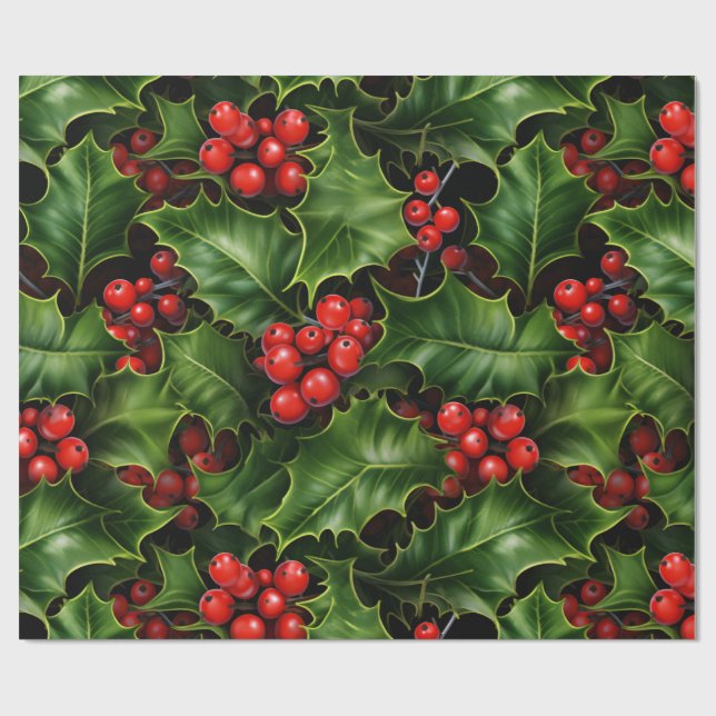 Papier Cadeau Noël classique Holly et Berries (Plat)