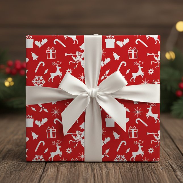 Papier Cadeau Noël Classique Rouge Et Blanc Des Années 1950 (1950s Novelty Red And White Classic Christmas Wrapping Paper)