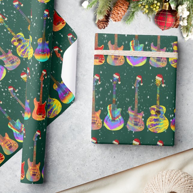 Papier Cadeau Noël Coloré Guitare Motif Vert (Christmas colorful guitars pattern green wrapping paper for guitarists musicians guitar tutors )