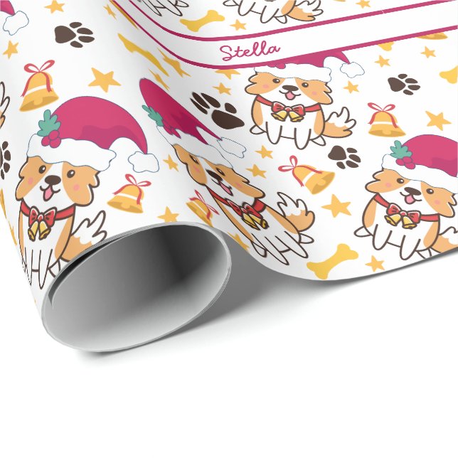 Papier Cadeau Noël Corgi mignon avec nom de chien personnalisé (Coin rond)