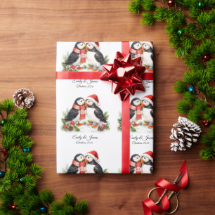 Papier Cadeau Noël Couple de Macareux Mignons Personnalisé