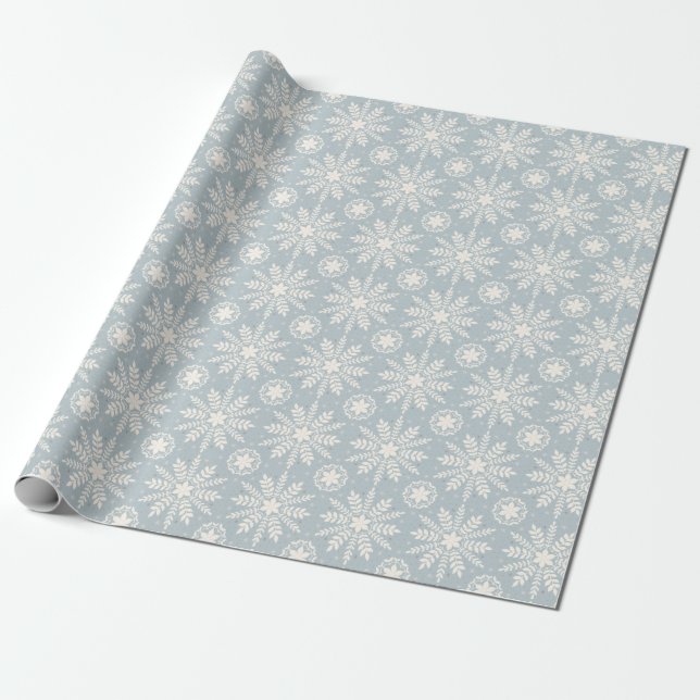 Papier Cadeau Noël Crème Rustique et Flocon de Neige Bleu (Déroulé)