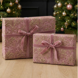 Papier Cadeau Noël Damassé Luxueux Rose Poussiéreux Velours & Or