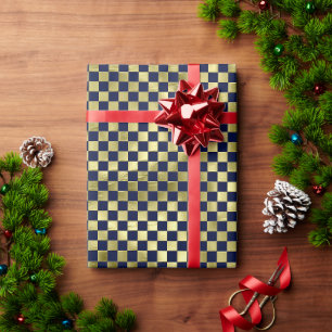 Papier Cadeau Noël damier métallisé or marine