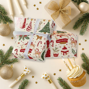 Papier Cadeau Noël d'anniversaire rouge fantaisiste