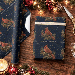 Papier Cadeau Noël dans les Étoiles   Cardinal Rouge