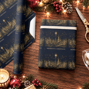 Papier Cadeau Noël dans les étoiles Village de Noël