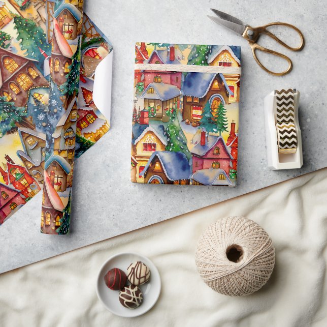 Papier Cadeau Noël dans Whimsical Village Motif aquarelle (Artisanat)