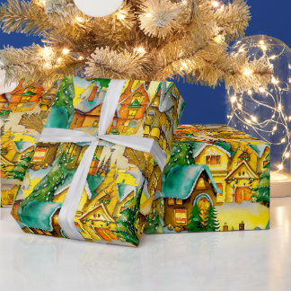 Papier Cadeau Noël dans Whimsical Village Motif aquarelle