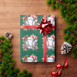 Papier Cadeau Noël de baseball avec chapeau de Père Noël