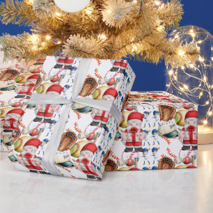 Papier Cadeau Noël de baseball avec le Père Noël apportent des c