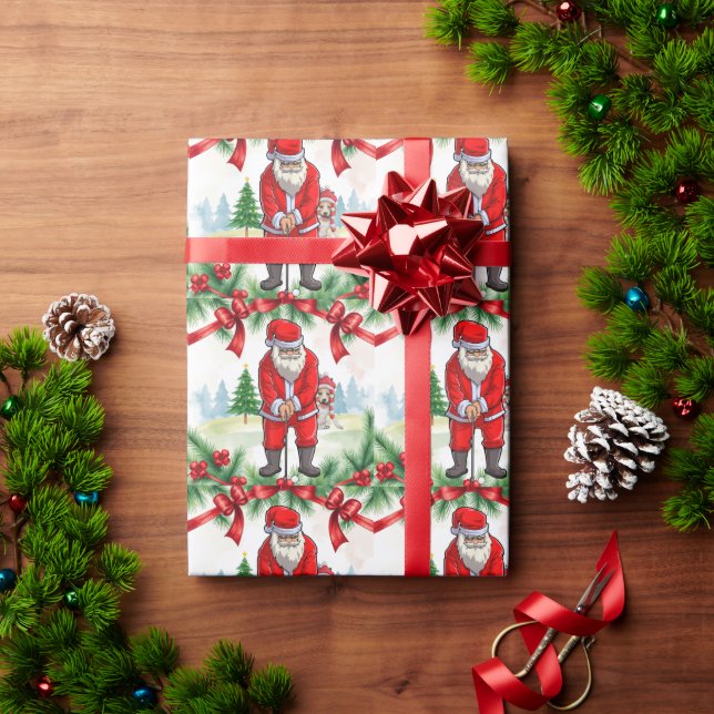 Papier Cadeau Noël de golf avec le Père Noël et le Chien (Cadeau de vacances)