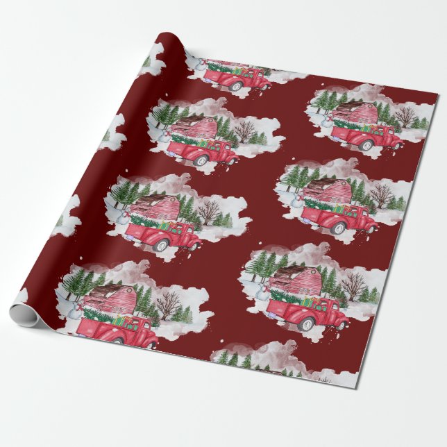 Papier Cadeau Noël de la ferme de camions rouges (Déroulé)