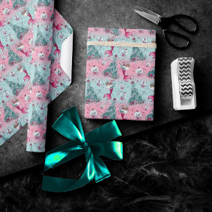 Papier Cadeau Noël de la mère   Bas et arbres Turquoise rose