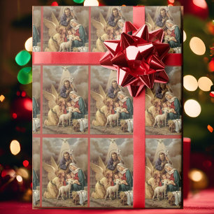 Papier Cadeau Noël de la Sainte Famille avec ange vintage