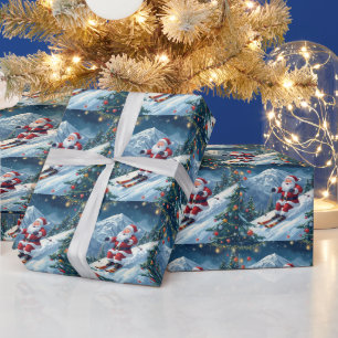 Papier Cadeau Noël de ski avec le Père Noël sur la montagne