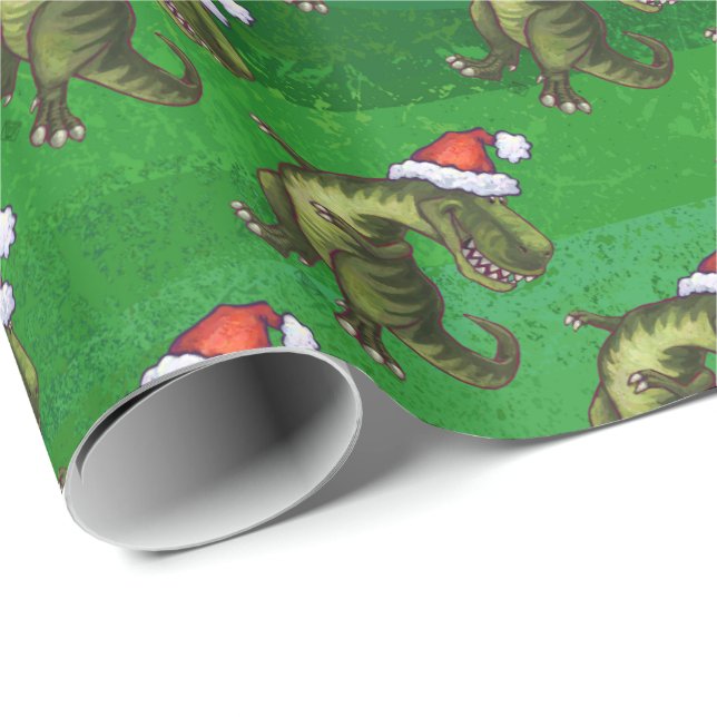 Papier Cadeau Noël de Tyrannosaurus sur le vert (Coin rond)